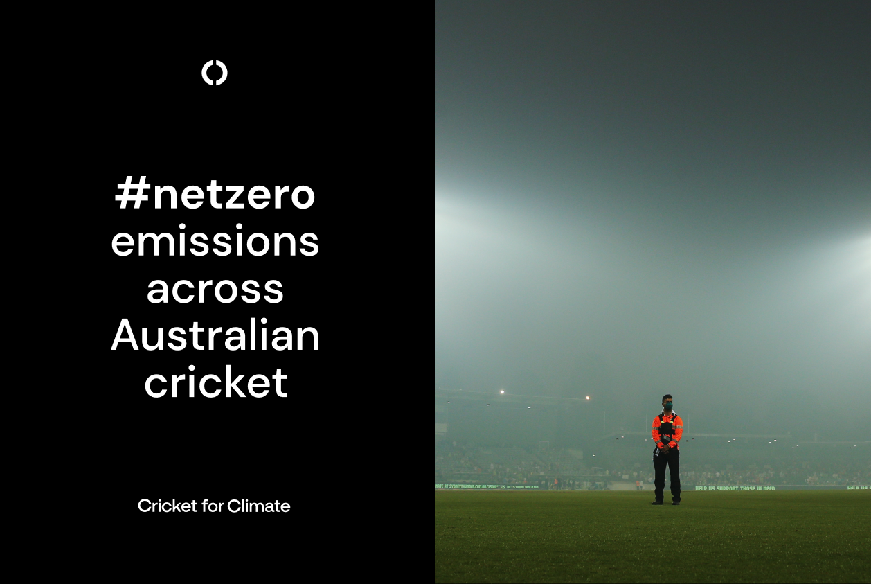 netzero message with a security guard standing on smoky cricket field